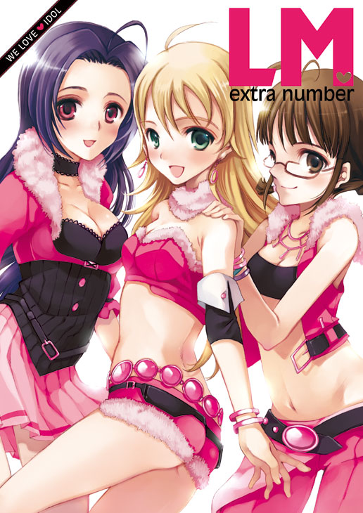 matsuzaki miyuki, akizuki ritsuko, hoshii miki, miura azusa, idolmaster, idolmaster (classic), idolmaster 1, fur, 00s, 3girls, ahoge, alternate color, ass, bare shoulders, belt, blonde hair, blue hair, blush, bob cut, bracelet, breasts, brown eyes, brown hair, choker, cleavage, earrings, fur lined, fur trim, glasses, green eyes, jewelry, long hair, midriff, miniskirt, multiple girls, navel, pants, pleated skirt, red eyes, short hair, short shorts, shorts, skirt, smile