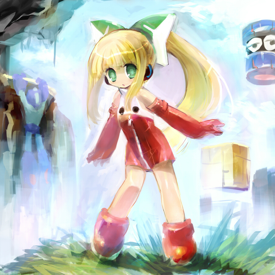 ein (artist), ein (long cake), mega man (character), roll (mega man), capcom, mega man (classic), mega man (series), 1boy, 1girl, :o, blonde hair, child, detached sleeves, green eyes, hair ribbon, long hair, ponytail, red skirt, ribbon, skirt