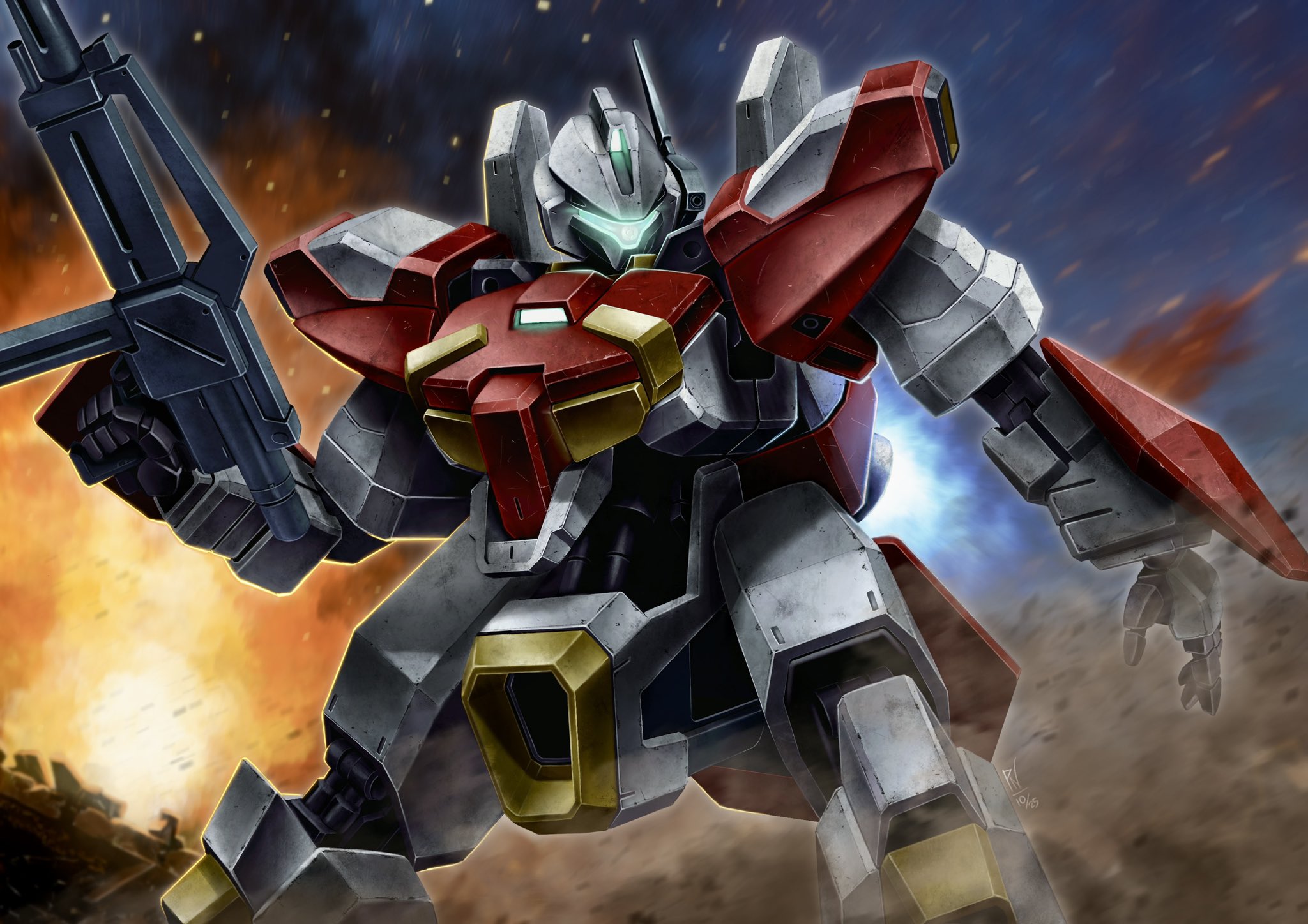 primate nemesis, gundam, under the gundam: double fake, commission, highres, bar-gm, battle, color variation, earth federation, earth federation space forces, energy gun, explosion, fire, green visor, mecha, mecha focus, mobile suit, no humans, radio antenna, robot, science fiction, weapon