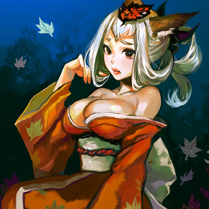 taira, inari, kongiku, oboro muramasa, bad id, bad pixiv id, 1girl, animal ears, bare shoulders, blush, breasts, brown eyes, cleavage, collarbone, female focus, fox ears, grey hair, hair up, hand in own hair, japanese clothes, kimono, kitsune, large breasts, leaf, leaf on head, lips, no bra, object on head, off shoulder, solo, twirling hair, white hair
