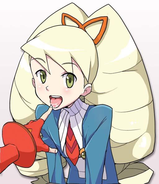 heriyama, geo stelar (mega man), luna platz (mega man), capcom, mega man (series), mega man star force (series), bad id, bad pixiv id, 00s, 1girl, big hair, blonde hair, blush, drill hair, female focus, green eyes, long hair, necktie, saliva, sexually suggestive, solo, tongue