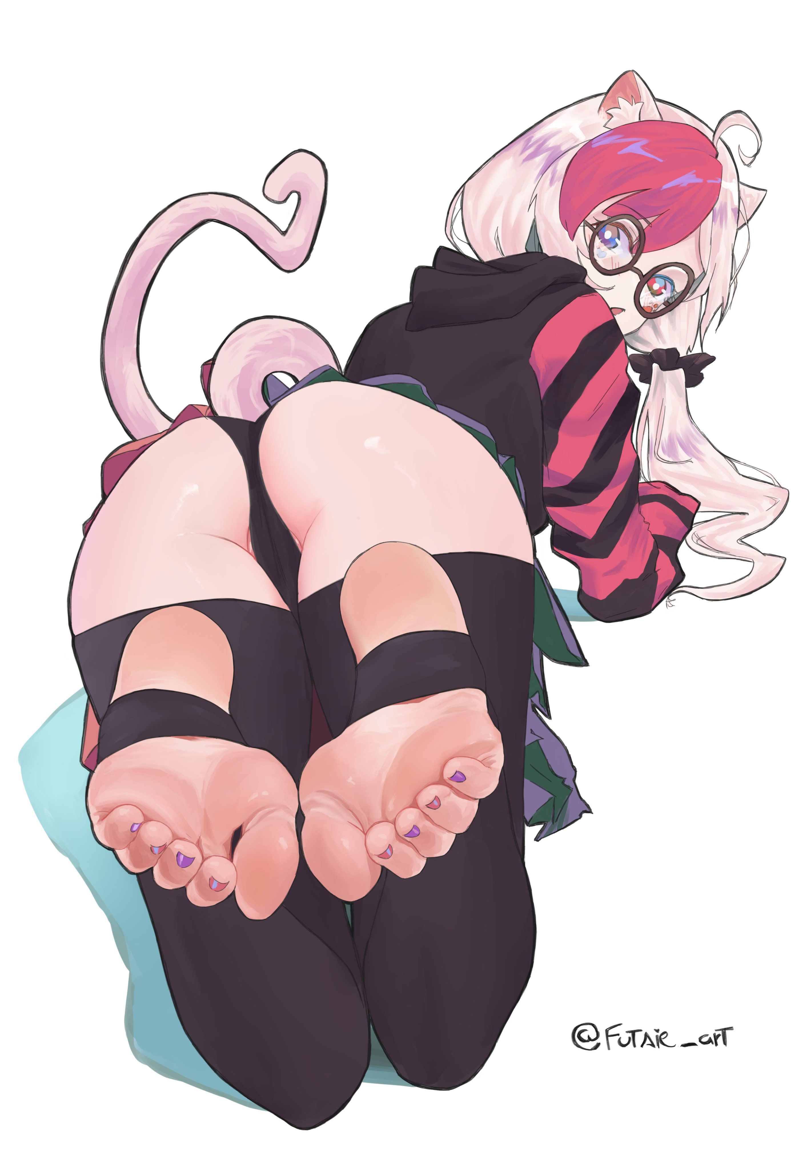 indie virtual youtuber, absurdres, commentary, commission, english commentary, highres, 1girl, ahoge, all fours, animal ear fluff, animal ears, artist name, ass, black hoodie, black panties, black thighhighs, blush, cat ears, cat girl, cat tail, feet, feet up, foot focus, from behind, full body, futsie art, grey hair, hair ornament, hair scrunchie, hood, hoodie, long sleeves, looking at viewer, miniskirt, nail polish, no shoes, panties, partially visible vulva, pink hair, pink hoodie, pink nails, pink tail, purple nails, round eyewear, scrunchie, shadow, simple background, skirt, soles, solo, stirrup legwear, striped clothes, striped hoodie, tail, thighhighs, toe scrunch, toeless legwear, toenail polish, toenails, twitter username, underwear, virtual youtuber, white background
