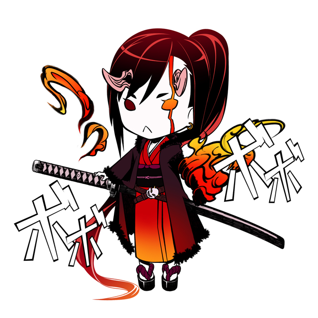 hamada youho, original, bad id, bad pixiv id, :<, chibi, earrings, fire, horns, japanese clothes, jewelry, katana, kimono, scar, solo, sword, weapon