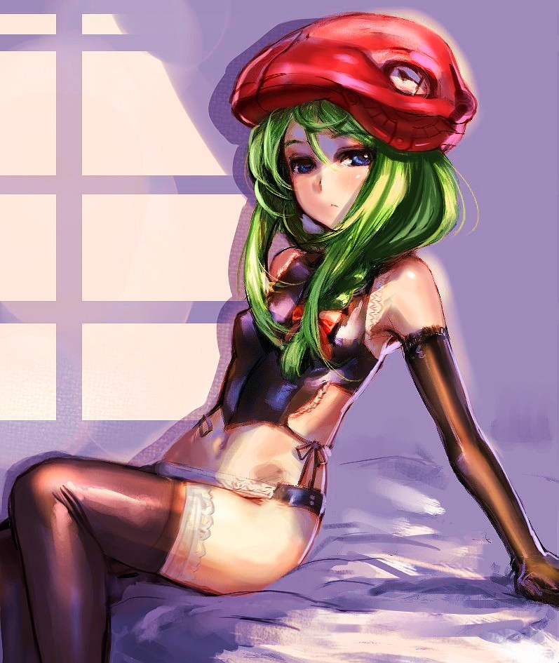 bow (bhp), original, arm support, bed, blue eyes, elbow gloves, gloves, green hair, hat, lingerie, long hair, panties, serious, sitting, solo, thighhighs, underwear