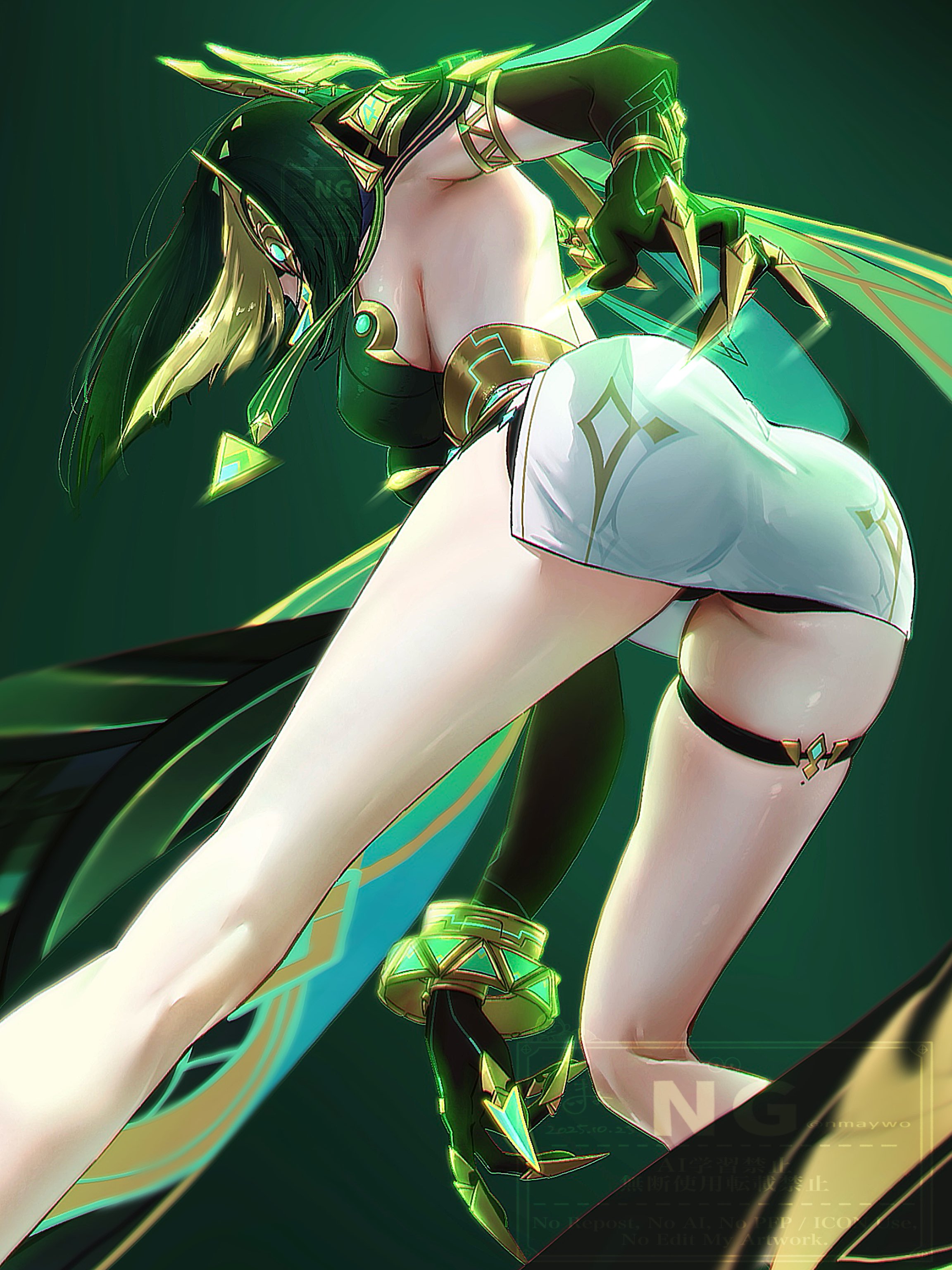 nmaywo, nefer (genshin impact), genshin impact, absurdres, commentary, highres, symbol-only commentary, 1girl, ancient egyptian clothes, ass, breasts, claws, fake claws, from behind, green background, green hair, green shirt, medium breasts, miniskirt, shirt, short hair, skindentation, skirt, solo, thigh strap, watermark, white skirt