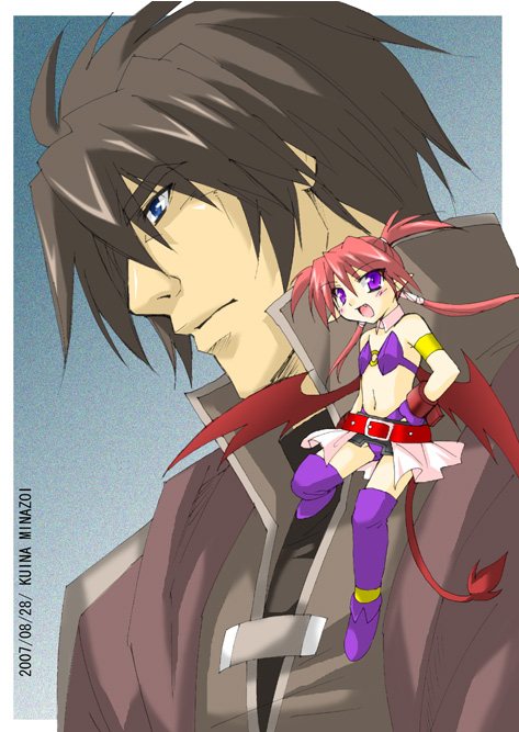 minazoi kuina, agito, agito (nanoha), zest grangeitz, lyrical nanoha, mahou shoujo lyrical nanoha, mahou shoujo lyrical nanoha strikers, non-web source, 00s, 1boy, 1girl, 2007, dated, demon wings, magical girl, mini person, minigirl, pointy ears, purple eyes, tail, wings