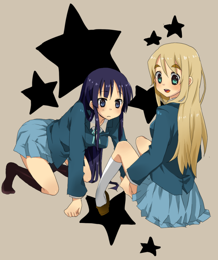 kuzumiya yuyu, akiyama mio, kotobuki tsumugi, k-on!, eyebrows, bad id, bad pixiv id, 00s, 2girls, all fours, aqua eyes, blazer, blonde hair, blue eyes, from behind, jacket, long hair, looking back, miniskirt, multiple girls, pleated skirt, purple hair, ribbon, school uniform, shoes, sitting, skirt, smile, socks, star (symbol)