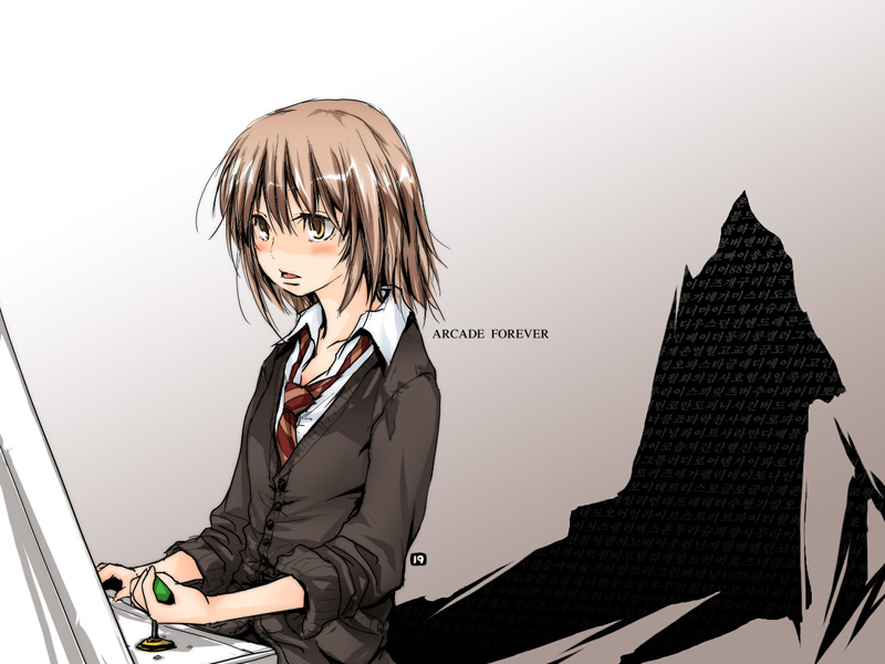 19 (nin19), original, 1girl, arcade cabinet, blush, brown background, brown hair, brown jacket, brown sleeves, collared shirt, controller, english text, gradient background, jacket, joystick, loose hair strand, medium hair, necktie, open mouth, orange necktie, partially shaded face, red necktie, shadow, shirt, signature, sitting, sleeves rolled up, solo, staring, straight hair, striped necktie, three-quarter sleeves, two-tone background, undershirt, white background, white shirt, wing collar, yellow eyes