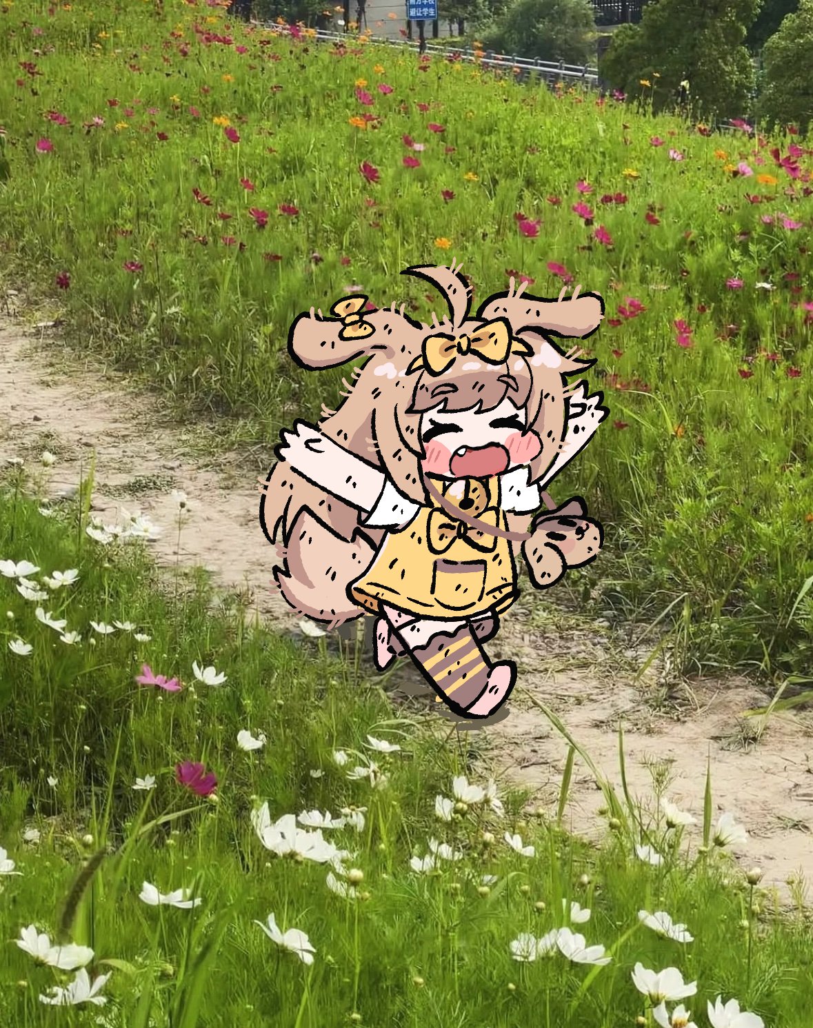 bluebird (leh951025), butter (trickcal), trickcal, commentary request, highres, korean commentary, photo-referenced, 1girl, animal ears, arms up, black thighhighs, blush stickers, brown hair, chibi, closed eyes, day, dirty, dog ears, dog girl, dog tail, dress, fang, full body, grass, happy, long hair, open mouth, outdoors, path, photo background, playing, road, running, shirt, short dress, short sleeves, smile, solo, tail, thighhighs, white shirt, yellow dress