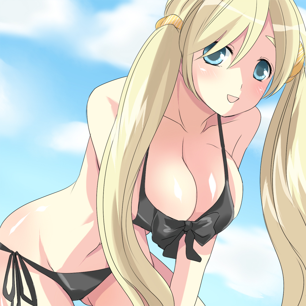 chiha, kotobuki tsumugi, k-on!, bad id, bad pixiv id, 00s, 1girl, alternate hairstyle, bikini, black bikini, blonde hair, blue eyes, breasts, day, female focus, huge breasts, long hair, side-tie bikini bottom, solo, swimsuit, twintails