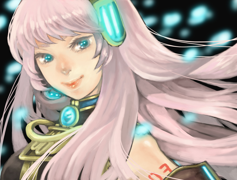 noja, megurine luka, vocaloid, aqua eyes, glowing, headphones, lipstick, long hair, makeup, pink hair, solo