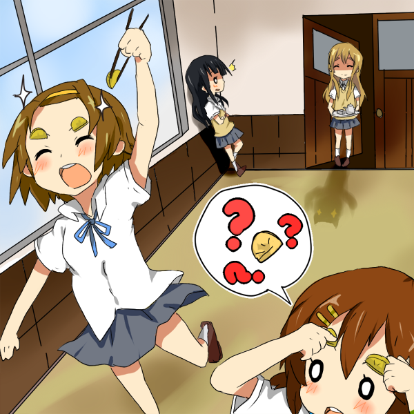 haru (goalstyle), akiyama mio, hirasawa yui, kotobuki tsumugi, tainaka ritsu, k-on!, eyebrows, bad id, bad pixiv id, + +, 00s, 4girls, ?, black hair, blonde hair, brown hair, dress shirt, evil smile, false smile, hair ornament, hairband, hairclip, ho-kago tea time, indoors, leaning, long hair, miniskirt, multiple girls, ominous shadow, open mouth, pleated skirt, ribbon, round teeth, school uniform, shadow, shirt, shoes, short hair, skirt, smile, socks, standing, surprised, sweater, sweater vest, teeth, yandere, you gonna get raped