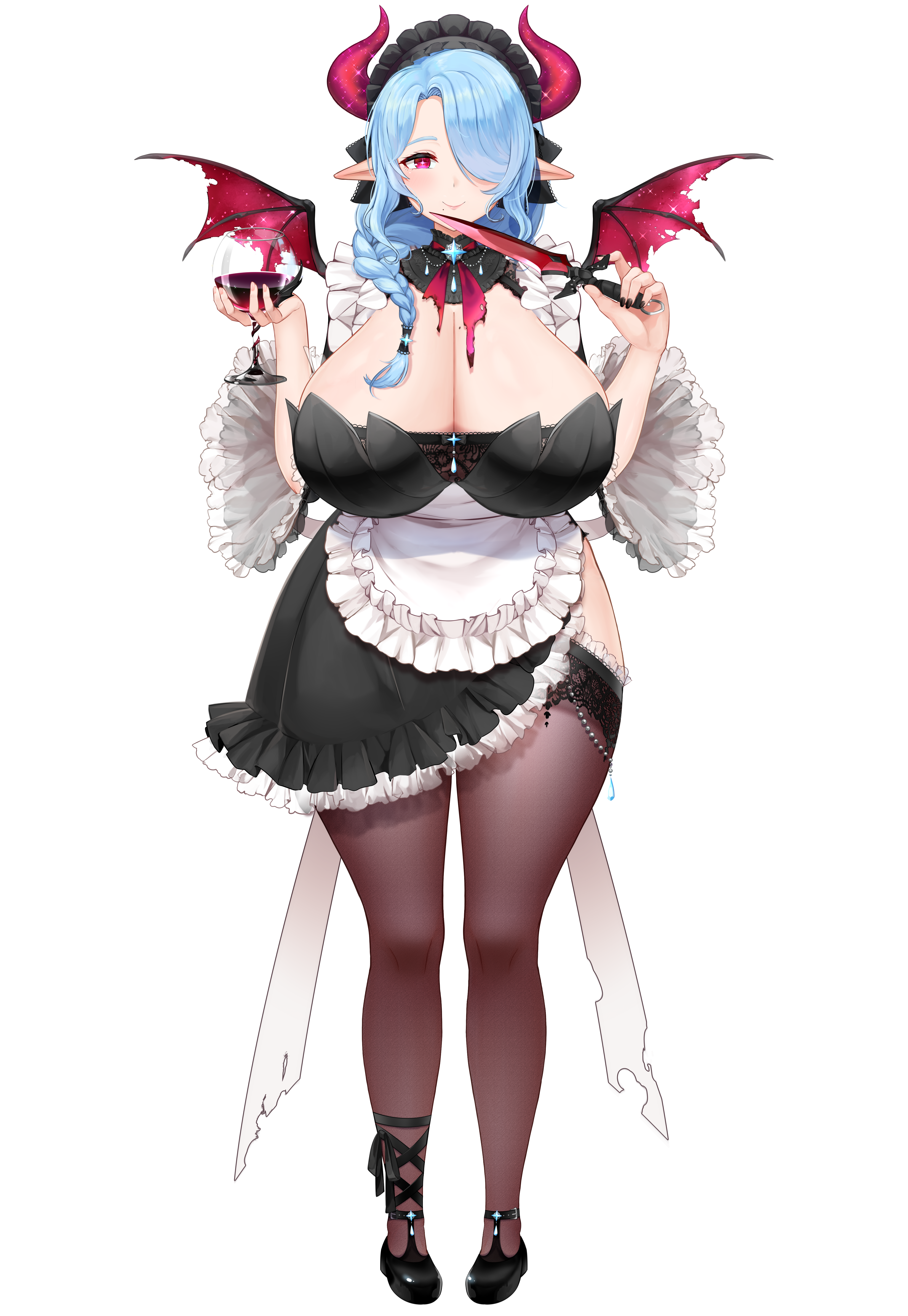 cream cod, miilkywayz, indie virtual youtuber, absurdres, highres, official art, 1girl, animal ears, apron, black dress, black nails, black shoes, blue hair, braid, breasts, bright pupils, cleavage, closed mouth, cow ears, cow girl, cow horns, cow tail, cup, dress, drinking glass, frilled apron, frilled dress, frills, hair over one eye, hair over shoulder, hair tubes, holding, holding cup, holding knife, horns, huge breasts, knife, long hair, maid, maid headdress, mole, mole on breast, mole under mouth, official alternate eye color, pink eyes, pink horns, shoes, single hair tube, smile, solo, tachi-e, tail, thighhighs, transparent background, virtual youtuber, white apron, wings