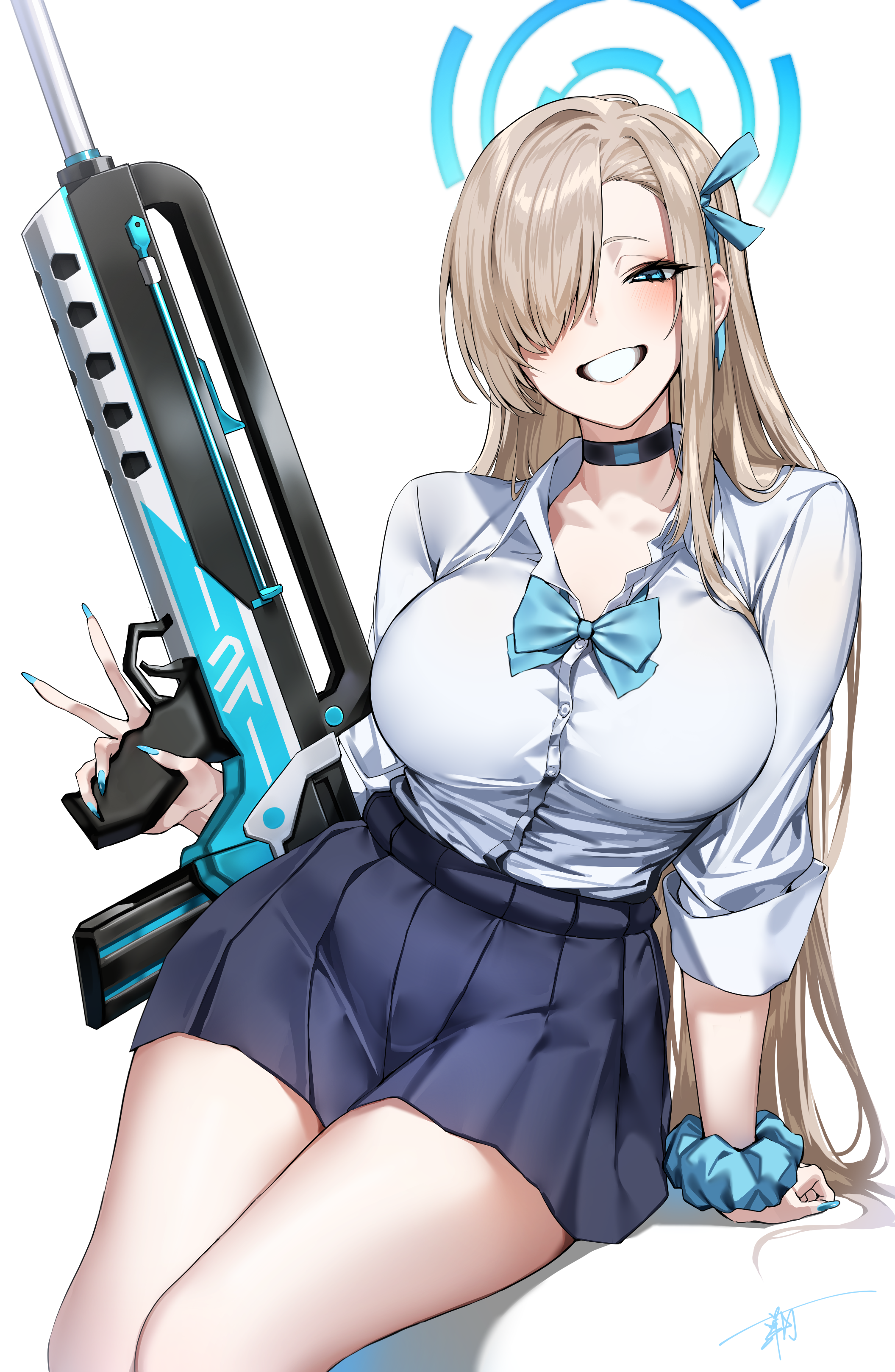 tomitacchi, asuna (blue archive), asuna (school uniform) (blue archive), blue archive, absurdres, highres, 1girl, assault rifle, blonde hair, blue bow, blue bowtie, blue eyes, blue halo, blue skirt, blush, bow, bowtie, breasts, bullpup, choker, collarbone, famas, grin, gun, hair over one eye, halo, holding, holding gun, holding weapon, large breasts, long hair, looking at viewer, pleated skirt, rifle, scrunchie, shirt, sitting, skirt, sleeves rolled up, smile, solo, thighs, very long hair, weapon, white shirt, wrist scrunchie