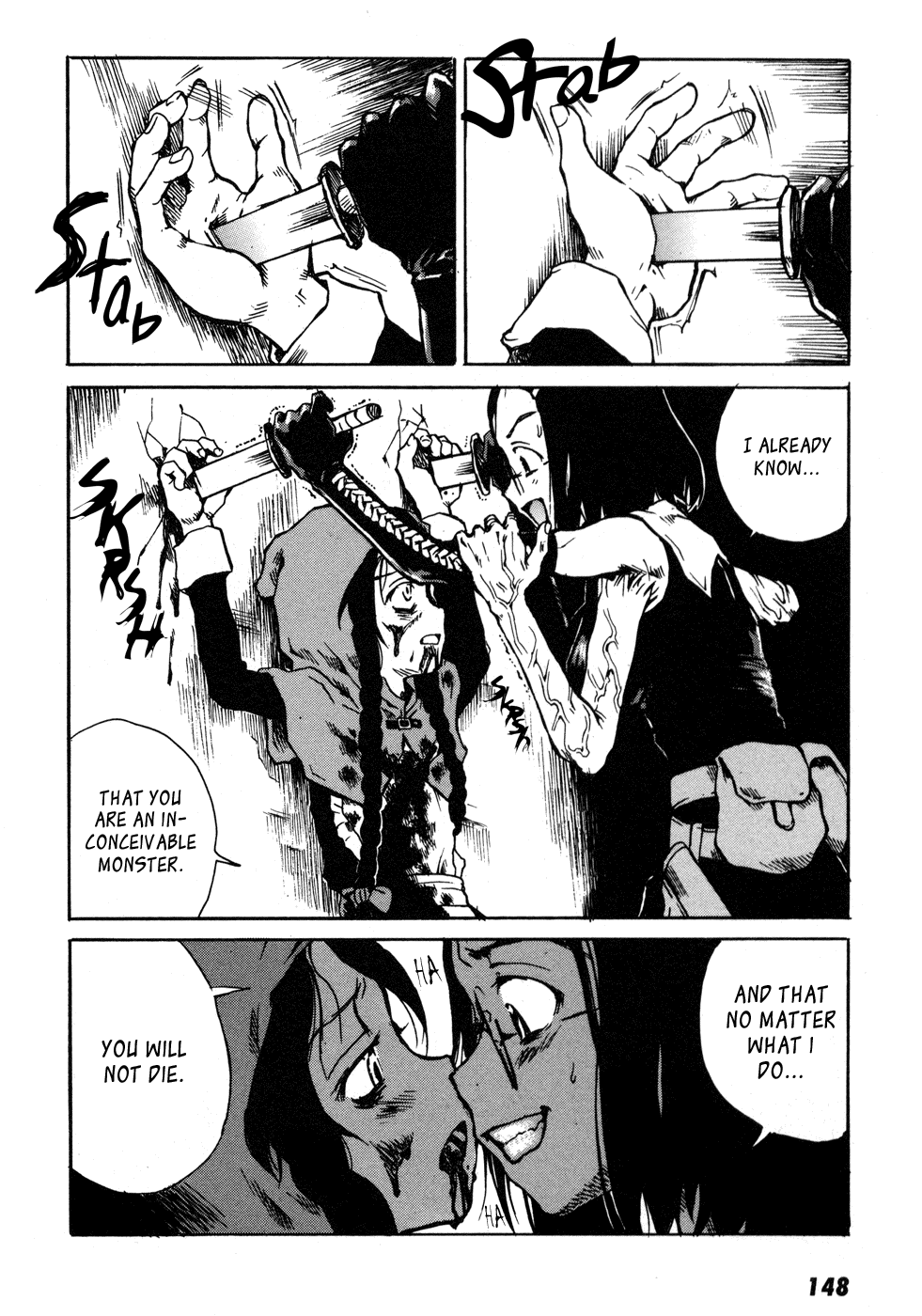 akazukin (tokyo akazukin), vivian (tokyo akazukin), tokyo akazukin, hard-translated, highres, third-party edit, translated, 2girls, blood, blush, braid, dark, glasses, injury, knife, loli, multiple girls, smile