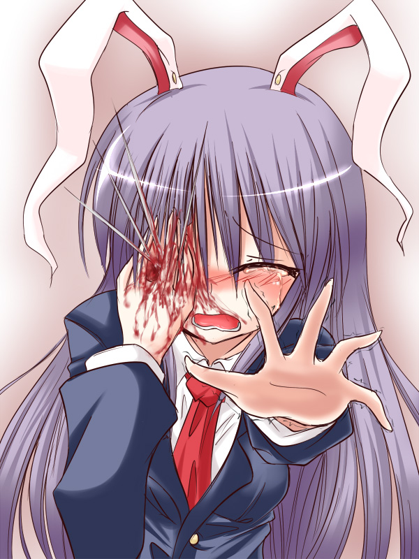 shimo (depthbomb), reisen udongein inaba, touhou, 1girl, animal ears, blazer, blood, blush, closed eyes, female focus, guro, injury, jacket, long hair, necktie, needle, open mouth, purple hair, rabbit ears, reaching, reaching towards viewer, solo, tears, trembling