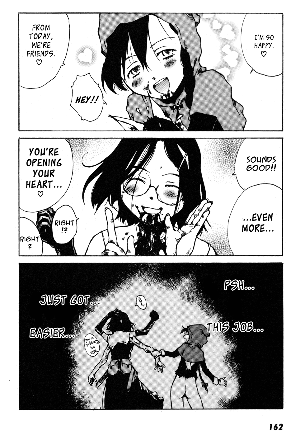akazukin (tokyo akazukin), vivian (tokyo akazukin), tokyo akazukin, hard-translated, highres, third-party edit, translated, ass, blood, blush, braid, dark, glasses, heart, loli, smile
