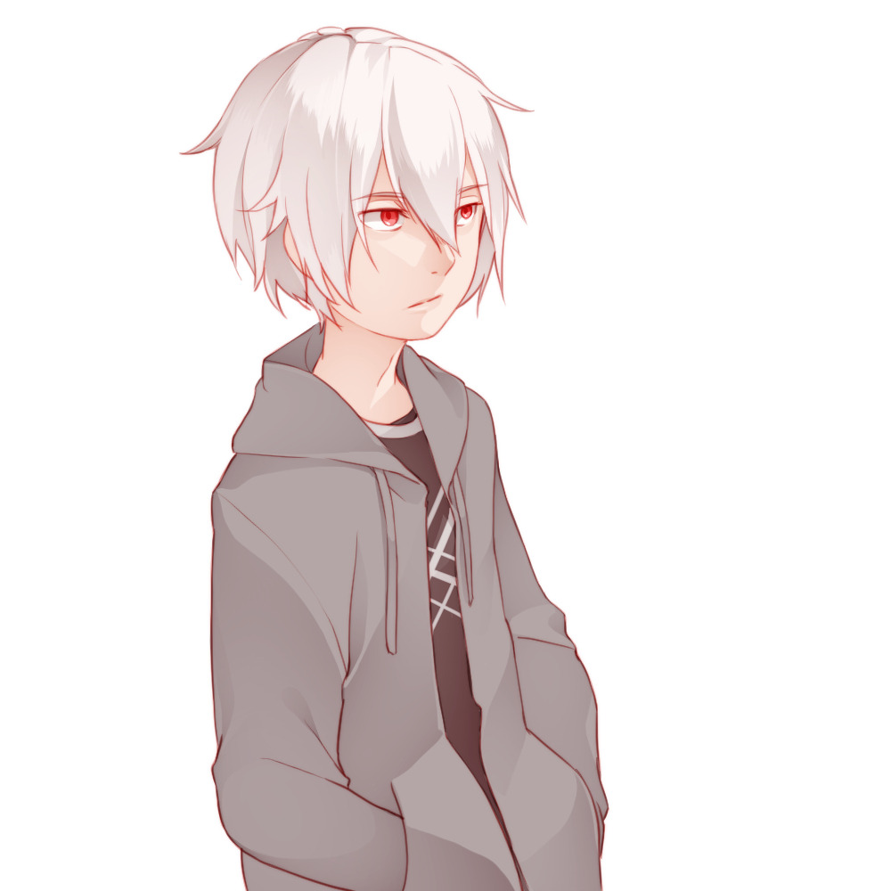 accelerator (toaru majutsu no index), toaru majutsu no index, commentary, english commentary, 1boy, albino, black shirt, closed mouth, expressionless, from side, grey hoodie, hair between eyes, hands in pockets, hood, hood down, hoodie, long sleeves, nose, red eyes, shirt, short hair, simple background, solo, unzipped, upper body, vilatile, white background, white hair