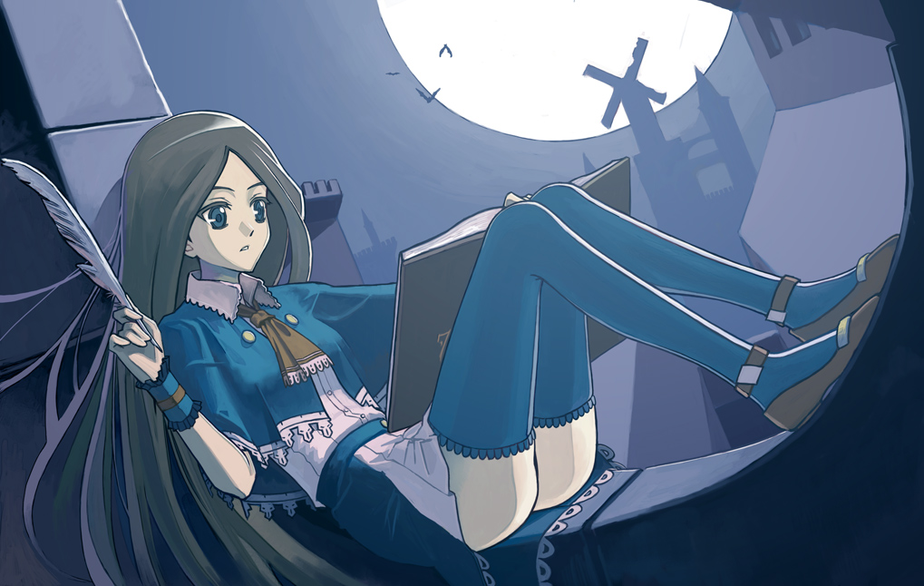 ktl (kuoting), kuoting, charlotte aulin, castlevania: portrait of ruin, castlevania (series), 1girl, ass, black hair, blue eyes, book, dress, feathers, female focus, frills, long hair, mary janes, moon, night, shoes, sitting, solo, thighhighs, wristband