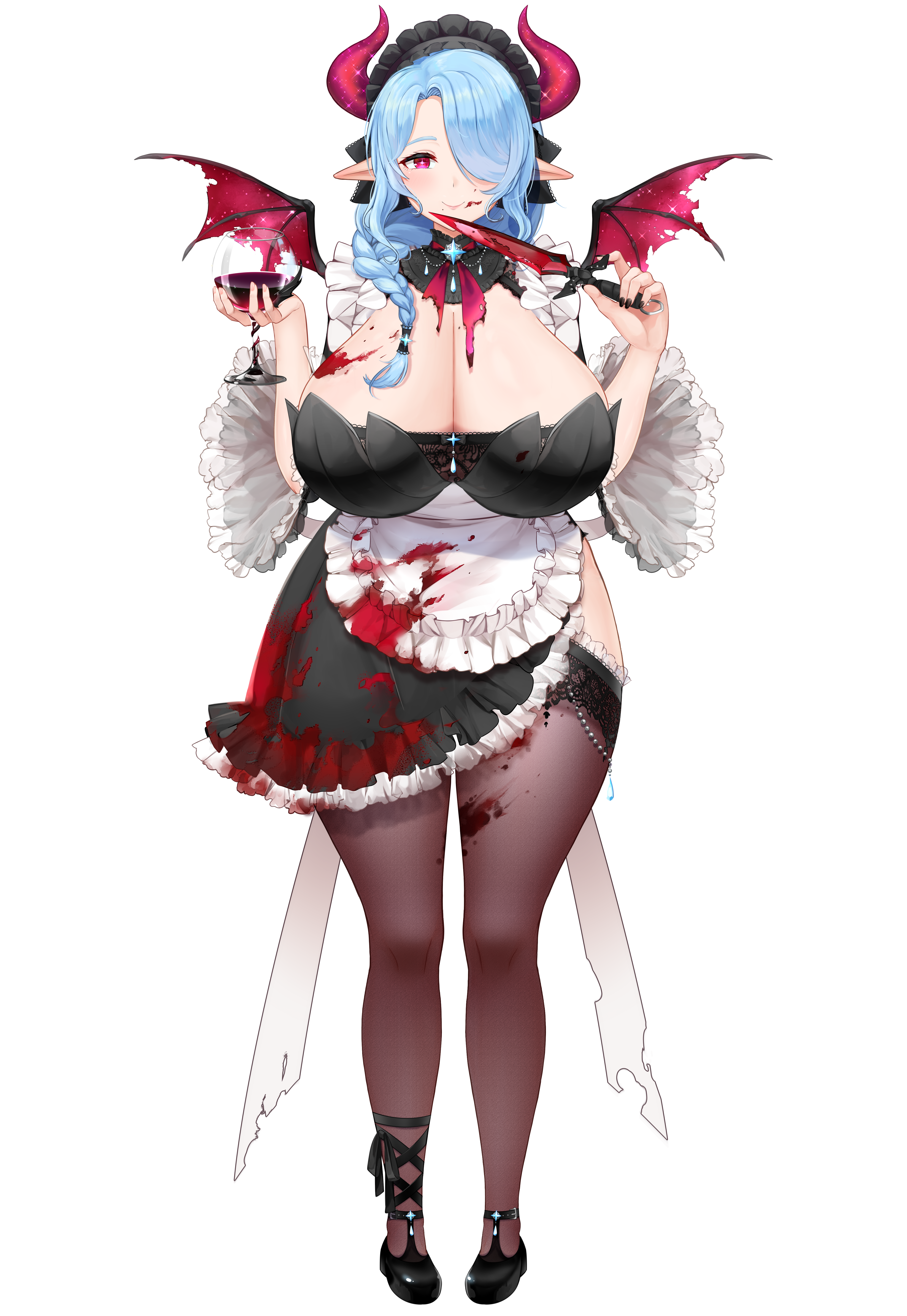 cream cod, miilkywayz, indie virtual youtuber, absurdres, highres, official art, 1girl, animal ears, apron, black dress, black nails, black shoes, blood, blood on breasts, blood on clothes, blood on face, bloody knife, blue hair, braid, breasts, bright pupils, cleavage, closed mouth, cow ears, cow girl, cow horns, cow tail, cup, dress, drinking glass, frilled apron, frilled dress, frills, hair over one eye, hair over shoulder, hair tubes, holding, holding cup, holding knife, horns, huge breasts, knife, long hair, maid, maid headdress, mole, mole on breast, mole under mouth, official alternate eye color, pink eyes, pink horns, shoes, single hair tube, smile, solo, tachi-e, tail, thighhighs, transparent background, virtual youtuber, white apron, wings