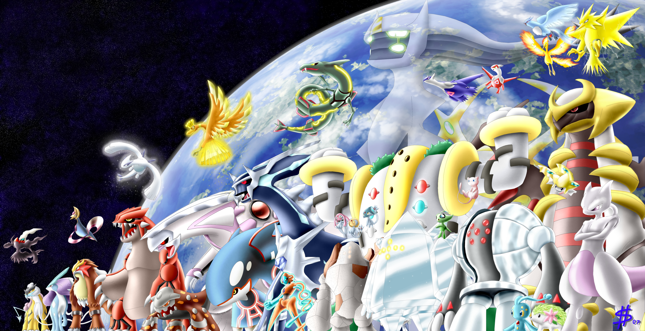 esepibe, arceus, articuno, azelf, celebi, cresselia, darkrai, deoxys, deoxys (normal), dialga, entei, giratina, giratina (altered), groudon, heatran, ho-oh, jirachi, kyogre, latias, latios, lugia, manaphy, mesprit, mew (pokemon), mewtwo, moltres, palkia, raikou, rayquaza, regice, regigigas, regirock, registeel, shaymin, shaymin (land), suicune, uxie, zapdos, nintendo, pokemon, pokemon dppt, pokemon gsc, pokemon rgby, pokemon rse, looking away, highres, 00s, 1990s (style), alternate form, aqua eyes, arceus (normal-type), bird, blue beak, blue eyes, crossed arms, deoxys (normal form), earth (planet), gen 1 pokemon, gen 2 pokemon, gen 3 pokemon, gen 4 pokemon, legendary pokemon, lineup, mythical pokemon, no humans, open mouth, pink eyes, planet, pokemon (creature), purple eyes, red eyes, retro artstyle, sharp teeth, size difference, space, teeth, wings, yellow eyes