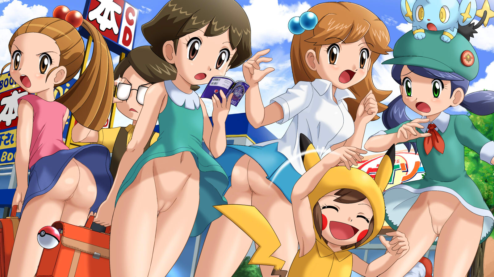 pokemoa, lass (pokemon), lass (pokemon frlg), picnicker (pokemon), pikachu, poke kid (pokemon), school kid (pokemon), shinx, nintendo, pokemon, pokemon rgby, bookbag, highres, non-web source, nude filter, source request, third-party edit, >:o, 1boy, 5girls, :o, ^ ^, adjusting eyewear, angry, arm up, armpits, ass, bag, black hair, blue hair, blush, book, breasts, brown eyes, brown hair, cameltoe, closed eyes, clothes lift, cloud, cosplay, day, dress, eyelashes, facial mark, flat chest, gen 1 pokemon, gen 4 pokemon, glasses, green eyes, hair bobbles, hair ornament, hat, high ponytail, holding, hood, loli, long hair, looking back, low twintails, matching hair/eyes, miniskirt, multiple girls, navel, no panties, npc trainer, opaque glasses, open mouth, outdoors, petticoat, pikachu (cosplay), pink shirt, poke ball, ponytail, pussy, raised eyebrows, shirt, short dress, short hair, sign, skirt, skirt lift, sky, smile, surprised, swept bangs, twintails, uncensored, v-shaped eyebrows, vest, wide-eyed, wind, wind lift