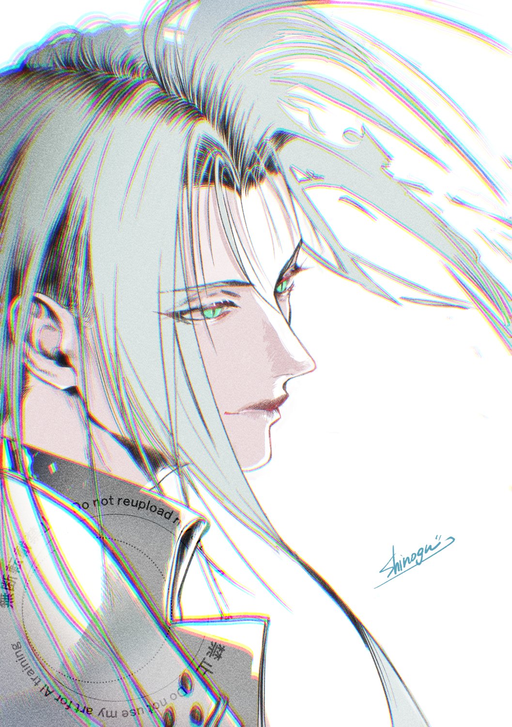 shinogu r, sephiroth, final fantasy, final fantasy vii, final fantasy vii remake, commentary, highres, 1boy, armor, black coat, closed mouth, coat, eyes visible through hair, floating hair, from side, green eyes, grey hair, lips, long hair, male focus, parted bangs, shoulder armor, simple background, solo, upper body, watermark, white background