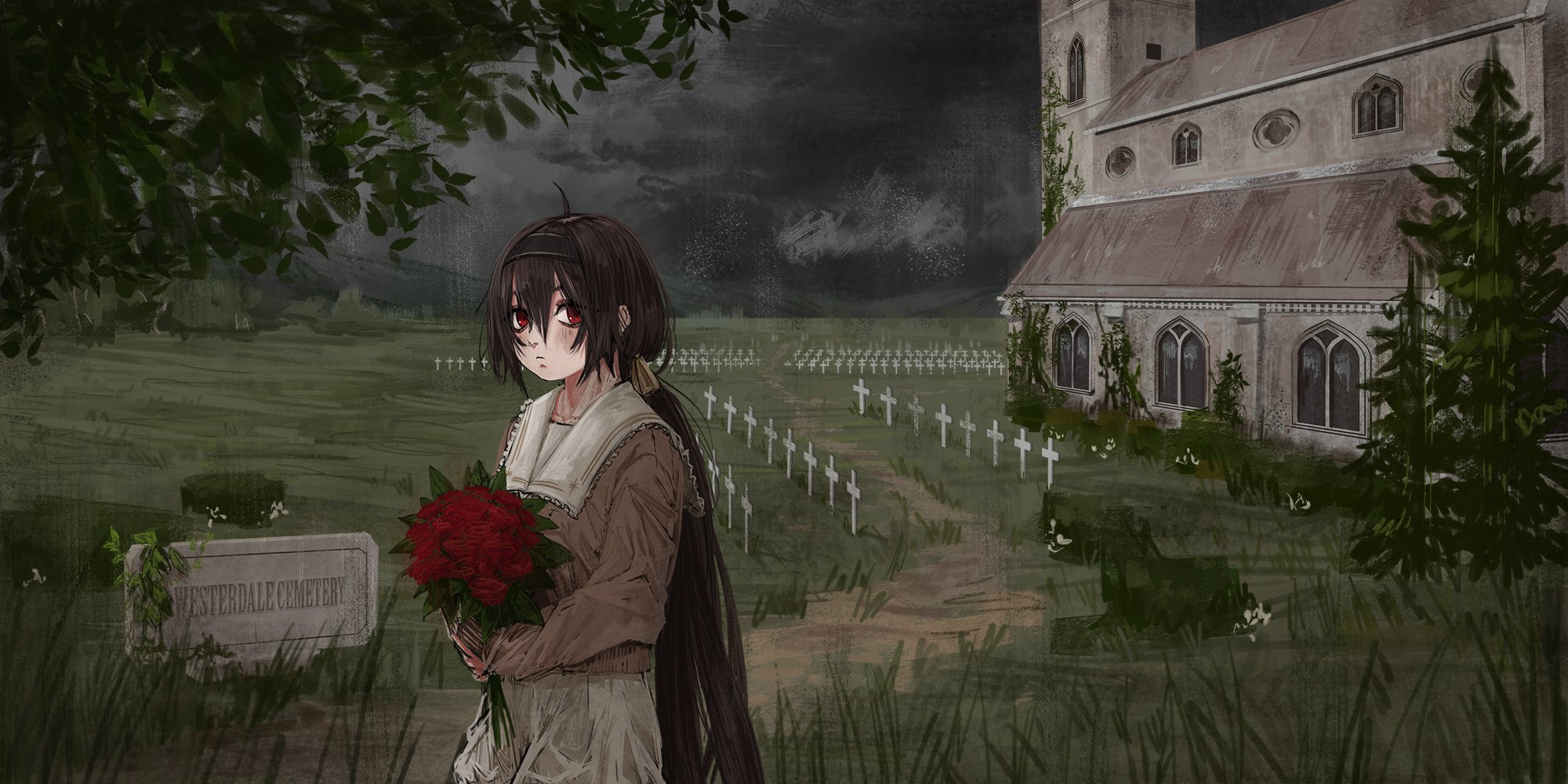 inai the maid, original, highres, 1girl, bouquet, brown hair, church, cross, expressionless, flower, graveyard, hair between eyes, holding, holding bouquet, long hair, looking at viewer, low ponytail, outdoors, overcast, ponytail, red eyes, red ribbon, ribbon, sailor collar, scenery, skirt, sky, solo, sweater, very long hair