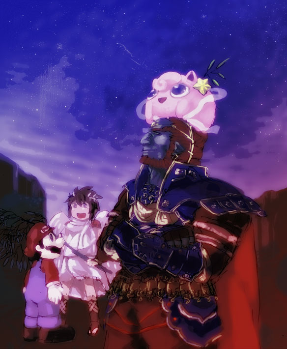 tl (artist), ganondorf, jigglypuff, mario, pit (kid icarus), kid icarus, mario (series), nintendo, pokemon, super smash bros., the legend of zelda, bad id, bad pixiv id, 3boys, gen 1 pokemon, male focus, multiple boys, outdoors, pokemon (creature), sky