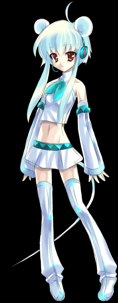 hatsune zumi, vocaloid, 1girl, ahoge, animal ears, brown eyes, detached sleeves, female focus, midriff, mouse ears, sidelocks, solo, tail, white hair
