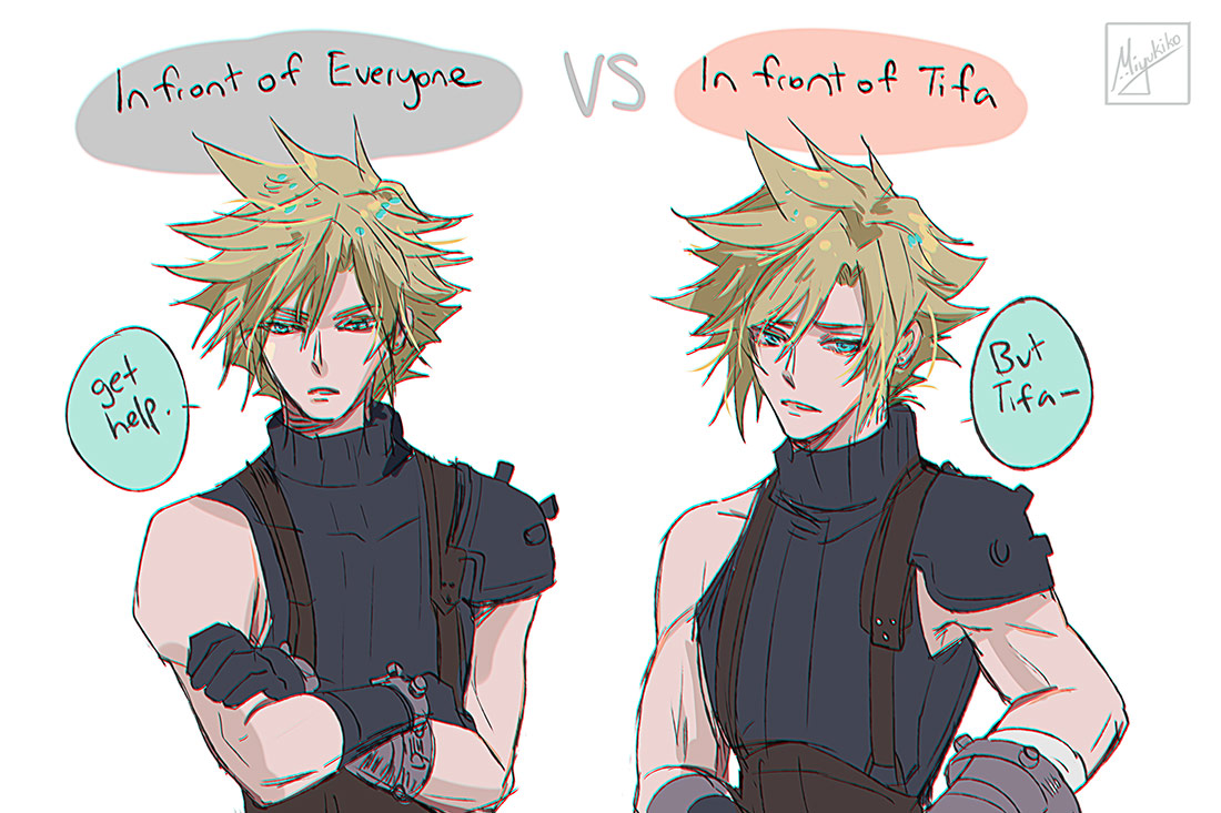 miyukiko, cloud strife, final fantasy, final fantasy vii, final fantasy vii remake, commentary, english commentary, 1boy, armor, black gloves, blonde hair, blue eyes, blue sweater, comparison, crossed arms, english text, gloves, hair between eyes, male focus, multiple views, parted lips, ribbed sweater, short hair, shoulder armor, signature, simple background, single bare shoulder, sleeveless, sleeveless turtleneck, speech bubble, spiked hair, sweater, turtleneck, turtleneck sweater, upper body, vs, white background