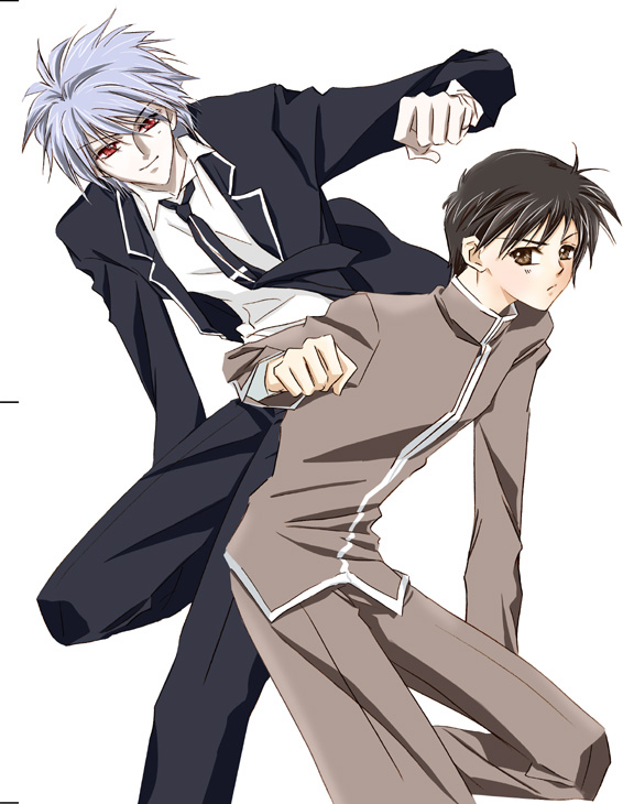 youya takazawa, ikari shinji, nagisa kaworu, neon genesis evangelion, neon genesis evangelion gakuen datenroku, silver hair, bad id, bad pixiv id, 2boys, black hair, blazer, brown eyes, jacket, male focus, multiple boys, necktie, red eyes, school uniform, short hair