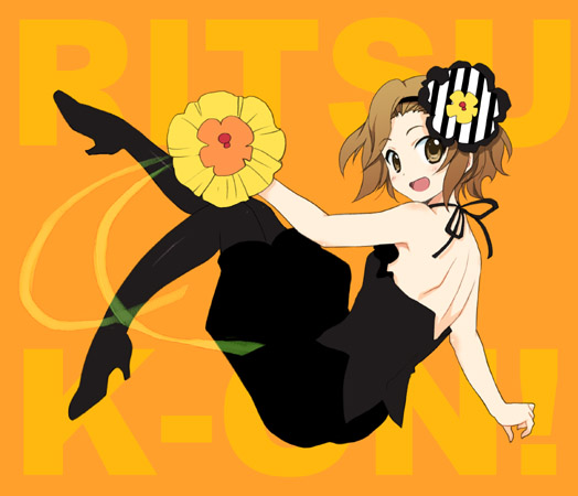 yano takumi, tainaka ritsu, don't say "lazy", k-on!, 00s, 1girl, back, backless outfit, bare back, bare shoulders, brown eyes, brown hair, female focus, full body, high heels, pantyhose, shoes, short hair, smile, solo
