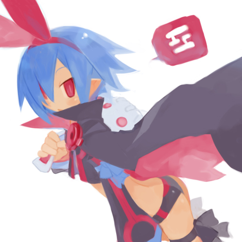 harada takehito, pleinair, usagi-san, disgaea, original, lowres, 1girl, blue hair, cape, female focus, rabbit, red eyes, solo