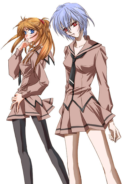 youya takazawa, ayanami rei, souryuu asuka langley, neon genesis evangelion, neon genesis evangelion gakuen datenroku, bad id, bad pixiv id, 2girls, blue eyes, blue hair, multiple girls, orange hair, pantyhose, red eyes, school uniform