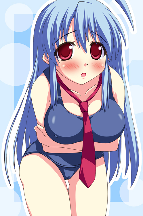 tsukimi pasta, mahiro (radio zonde), mahiro (radiozonde), radio zonde, radiozonde, bad id, bad pixiv id, 1girl, blue hair, blush, breasts, covered erect nipples, female focus, large breasts, long hair, necktie, one-piece swimsuit, red eyes, school swimsuit, solo, swimsuit