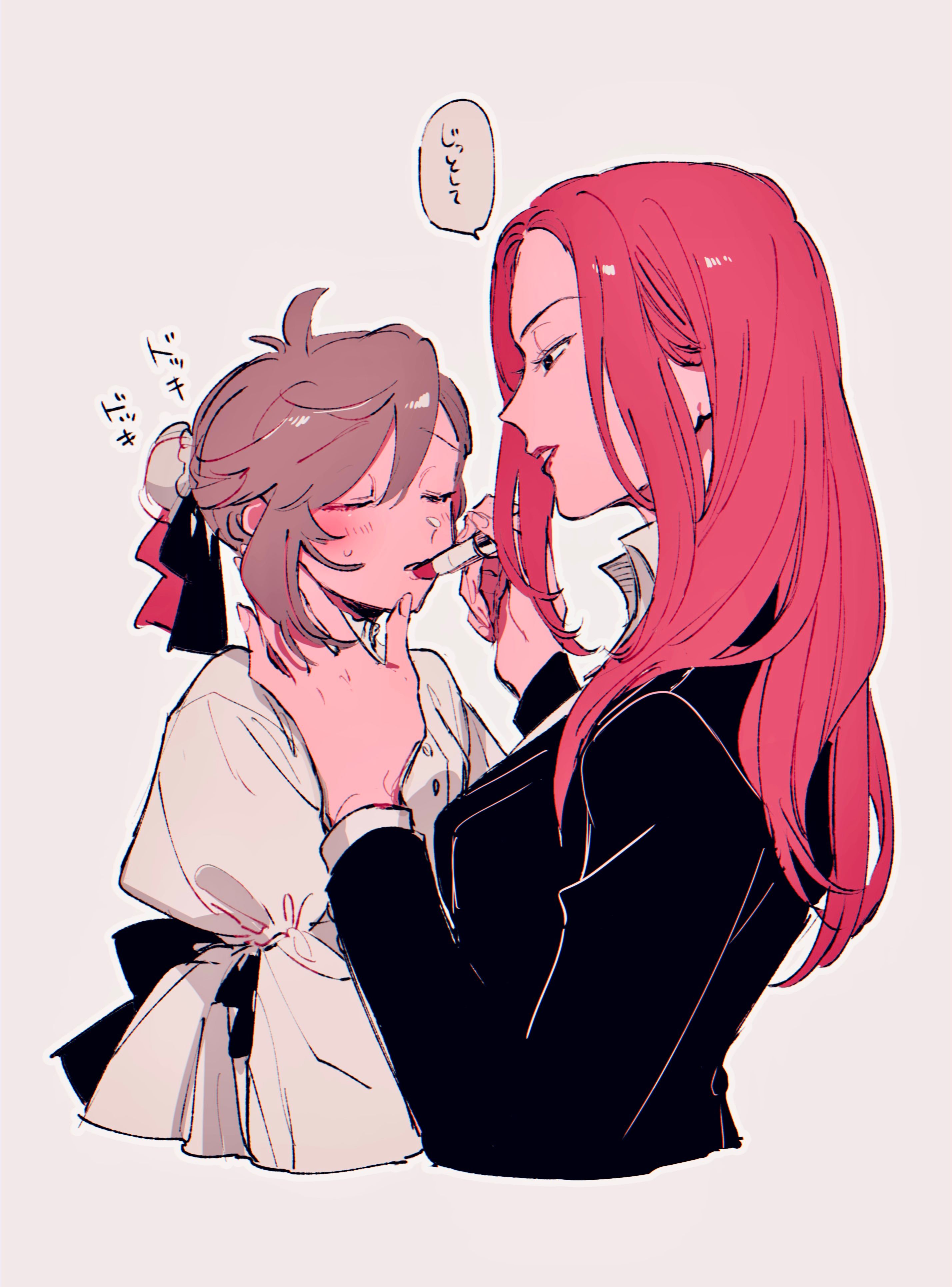 kabane (rjev8385), hina (one piece), one piece, absurdres, commentary request, highres, translation request, 2girls, antenna hair, applying another's makeup, applying makeup, back bow, black bow, black eyes, black jacket, black ribbon, blush, bow, breasts, bun cover, closed eyes, collared shirt, cosmetics, cropped torso, dress, grey background, grey hair, hair bun, hair ribbon, hand on another's cheek, hand on another's face, hands up, holding, holding lipstick tube, jacket, lipstick tube, long sleeves, looking at another, medium breasts, multiple girls, narrowed eyes, oc x canon, parted lips, profile, red hair, red lips, red ribbon, ribbon, shirt, sidelocks, simple background, single hair bun, sleeve ribbon, small breasts, small sweatdrop, speech bubble, suit jacket, white dress, white shirt