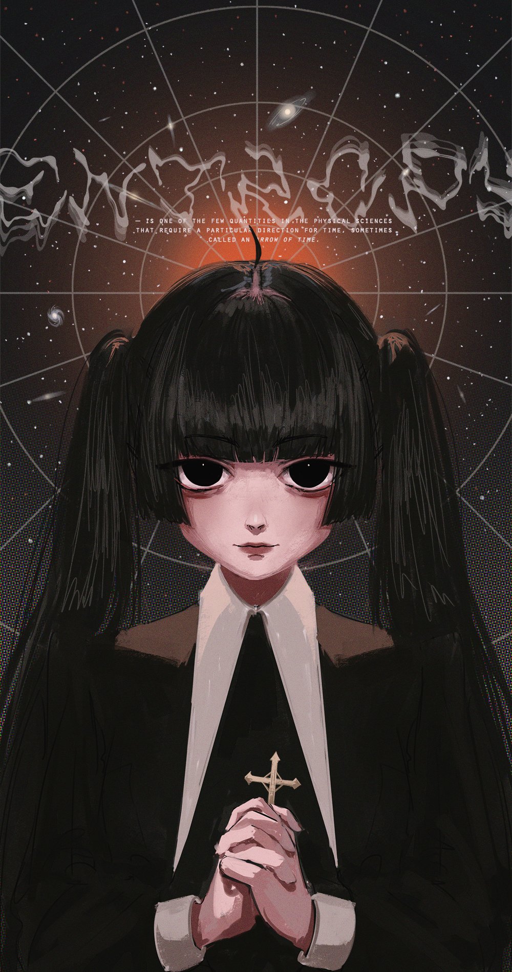 inai the maid, original, highres, 1girl, black dress, black eyes, black hair, cross, dress, english text, expressionless, hime cut, long hair, looking at viewer, solo, space, star (sky), straight-on, twintails, upper body