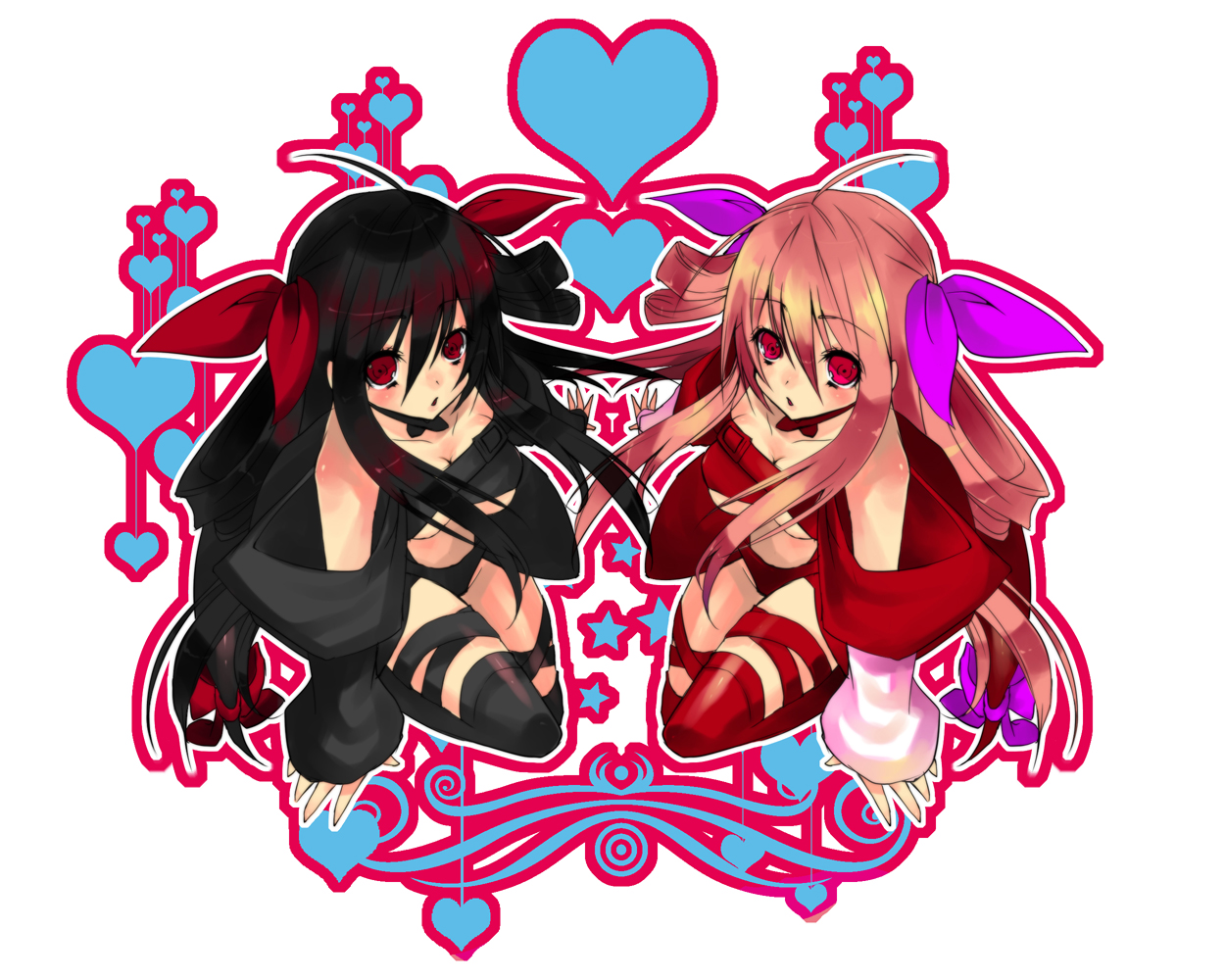 ayakichi, dizzy (guilty gear), arc system works, guilty gear, 2girls, alternate color, alternate hair color, black hair, blonde hair, dual persona, hair ribbon, long hair, multiple girls, red eyes, ribbon, tail, tail ornament, tail ribbon