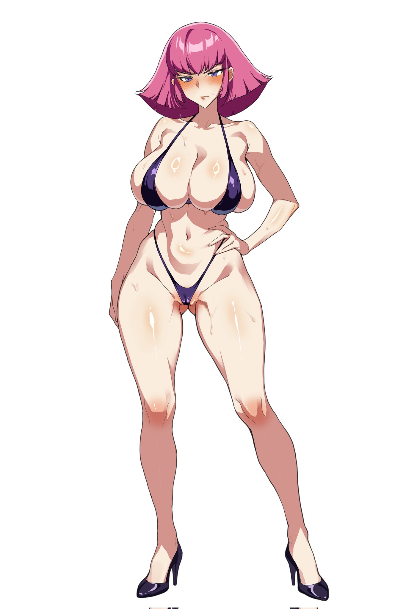 wessidesuyo, haman karn, gundam, zeta gundam, commentary, highres, 1girl, alternate breast size (larger), bikini, black shoes, blush, breasts, cameltoe, closed mouth, curvy, embarrassed, full body, hand on own hip, high heels, highleg, highleg bikini, huge breasts, legs, looking at viewer, navel, partially visible vulva, pink hair, purple bikini, purple eyes, shoes, short hair, simple background, solo, standing, swimsuit, toe cleavage, white background