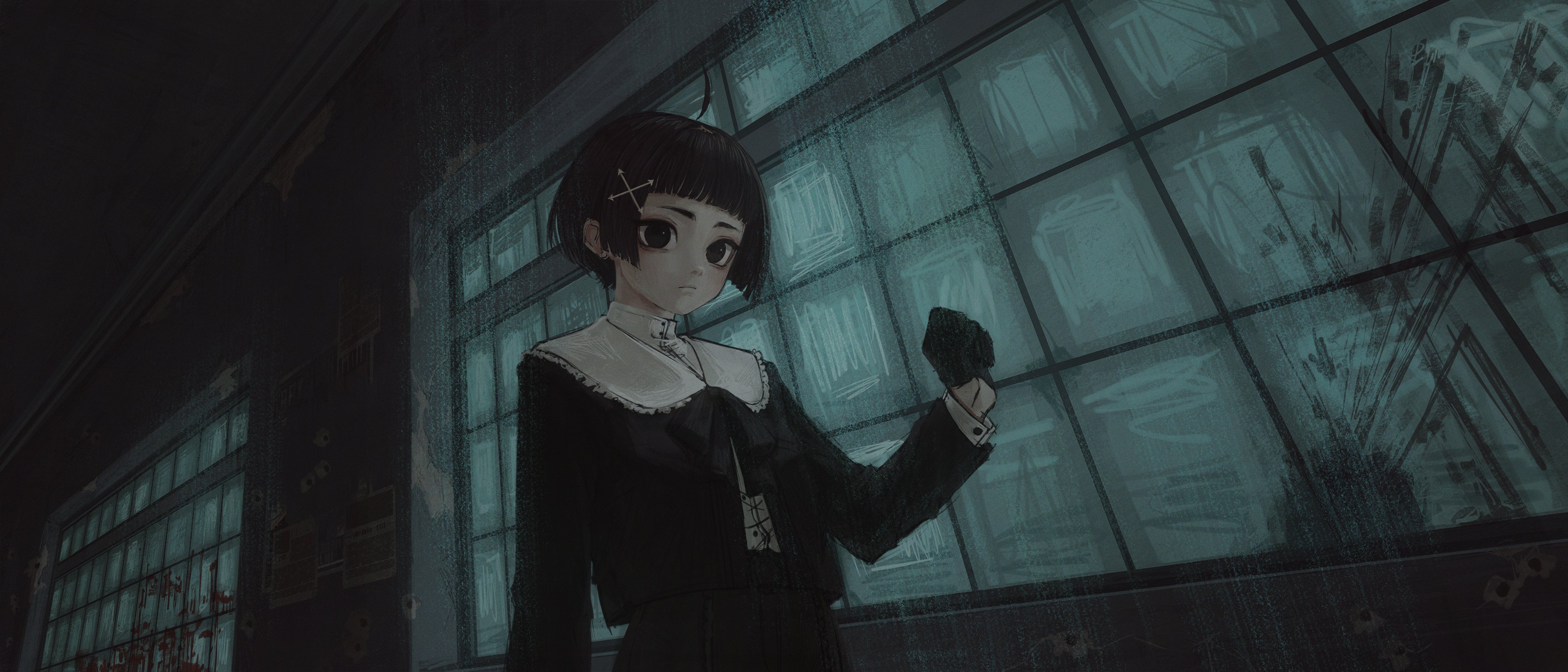 inai the maid, original, absurdres, highres, 1girl, ahoge, black eyes, black gloves, black hair, black shirt, black skirt, blood, blood splatter, expressionless, gloves, hair ornament, indoors, looking at viewer, sailor collar, shirt, short hair, skirt, solo, x hair ornament