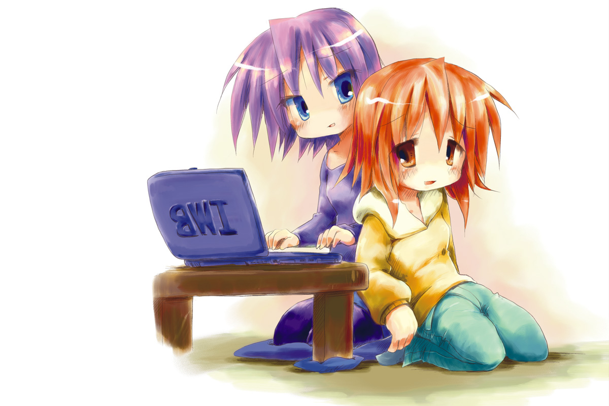 sakanaya nakasa, hiiragi inori, hiiragi matsuri, lucky star, 2girls, blue eyes, computer, laptop, multiple girls, orange eyes, orange hair, parody, purple hair, short hair, siblings, sisters, sitting
