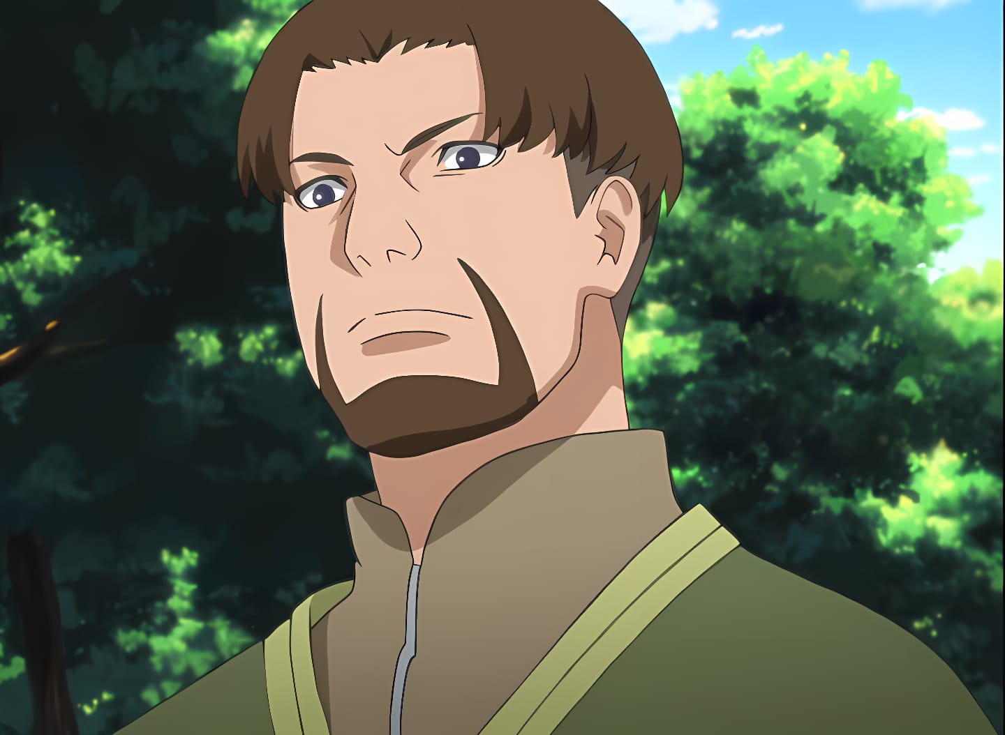 naruto (series), 1boy, black eyes, brown hair, iori (naruto), looking at viewer, medium hair, ninja, serious, upper body