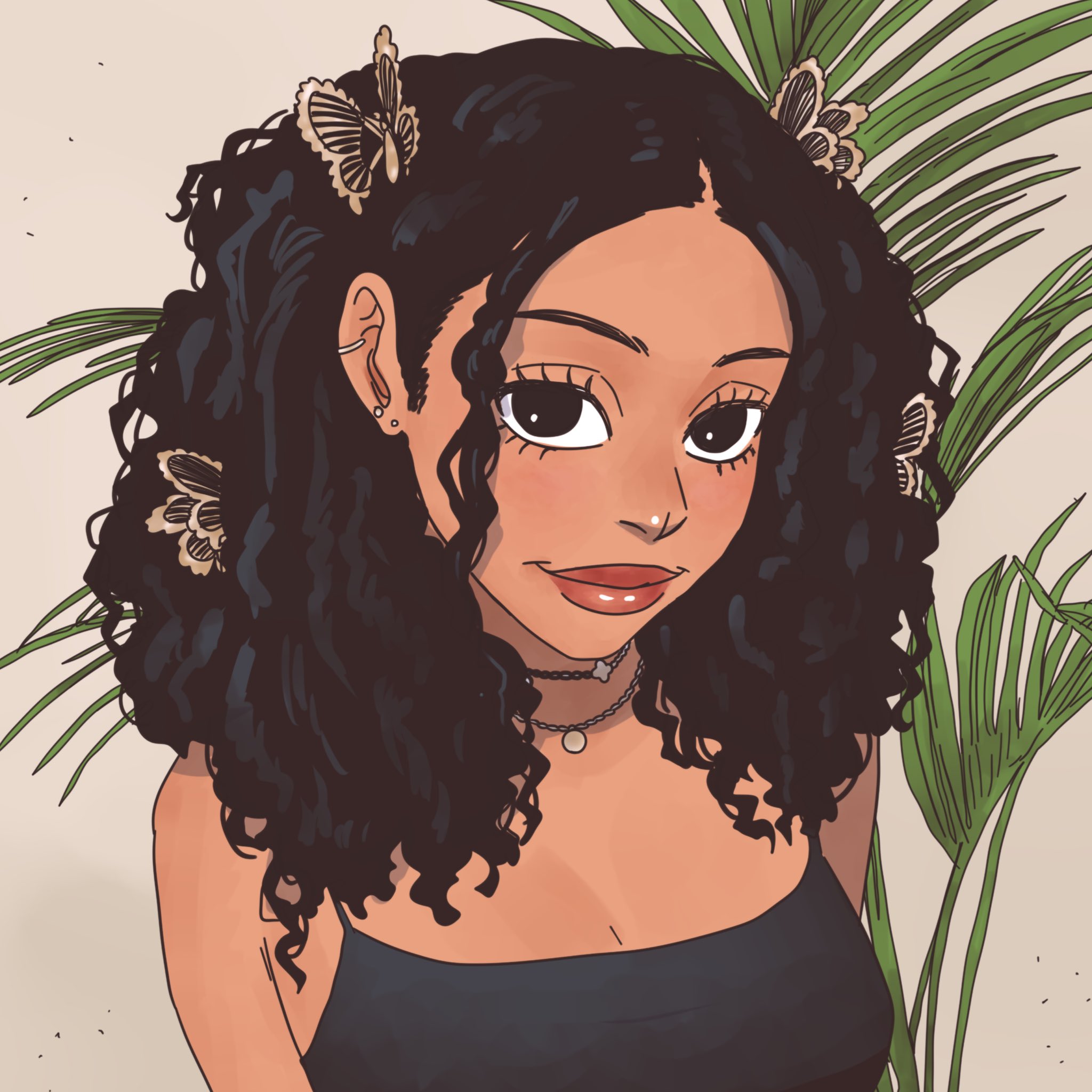 jesus aponza, original, highres, second-party source, 1girl, black hair, black tank top, butterfly hair ornament, dark-skinned female, dark skin, hair ornament, indoors, jewelry, looking at viewer, messy hair, necklace, plant, solo, tank top, upper body