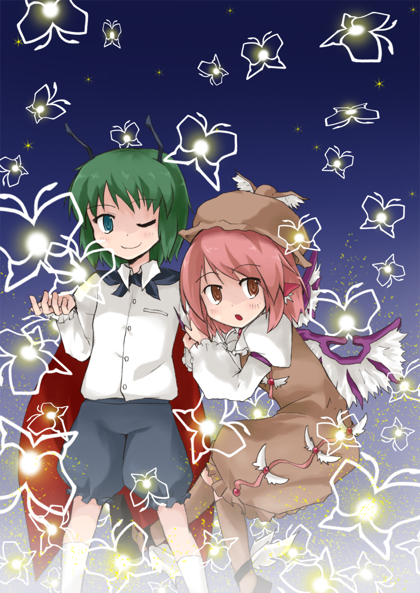 suzuneno kanade, mystia lorelei, wriggle nightbug, touhou, 2girls, animal ears, antennae, bug, butterfly, danmaku, female focus, green hair, multiple girls, pink hair, short hair, wings, wink