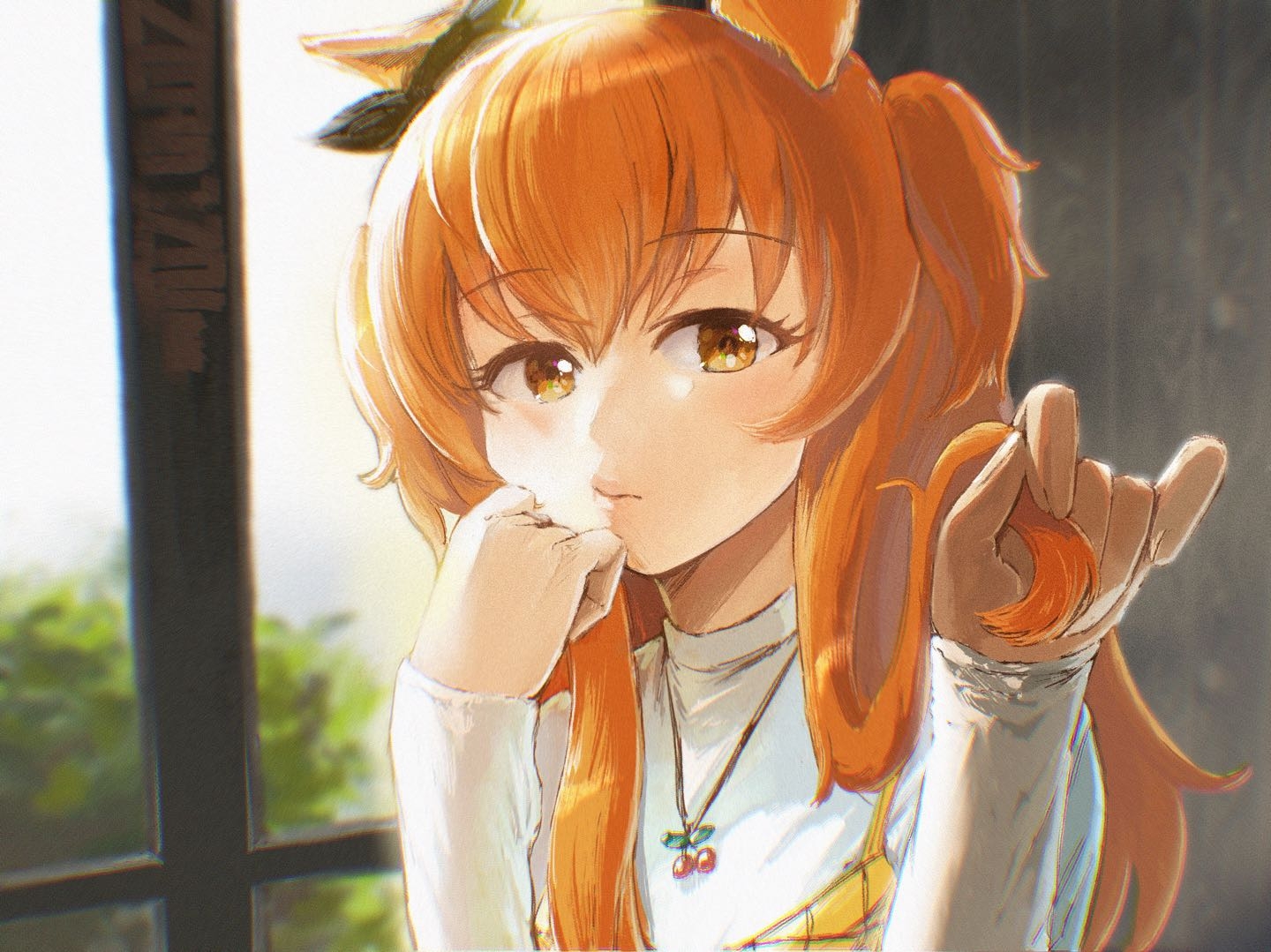 natsunori, mayano top gun (casual) (umamusume), mayano top gun (umamusume), umamusume, commentary request, 1girl, animal ears, blurry, blurry background, bow, cherry necklace, ear bow, ear ribbon, hand on own cheek, hand on own face, holding, holding own hair, horse ears, horse girl, long hair, long sleeves, looking at viewer, orange eyes, orange hair, shirt, solo, tail, tree, two side up, upper body, vest, window, yellow vest