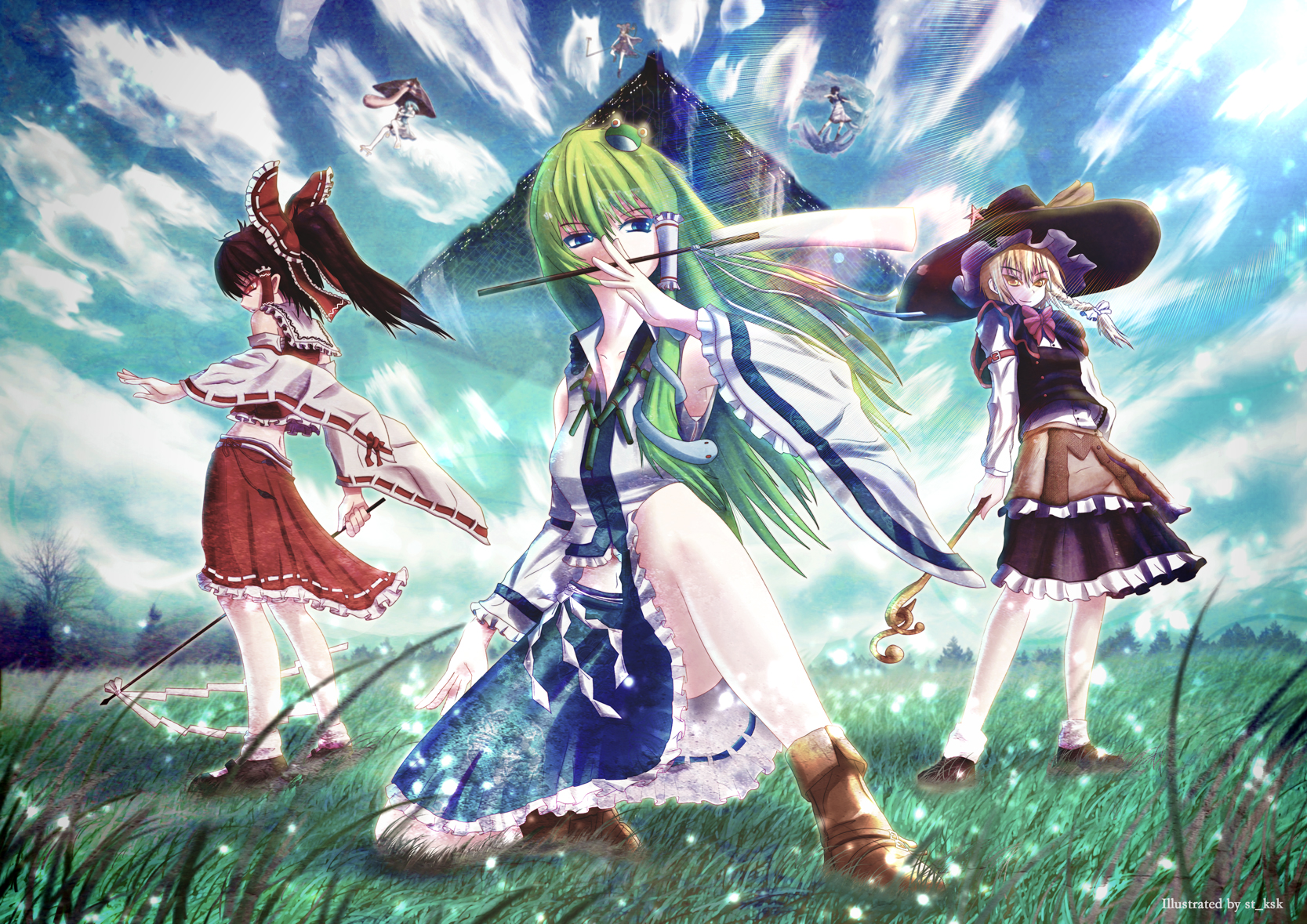 kasoku sato, hakurei reimu, kirisame marisa, kochiya sanae, kumoi ichirin, nazrin, star destroyer, tatara kogasa, star wars, touhou, undefined fantastic object, highres, 6+girls, blonde hair, crossover, epic, hood, karakasa obake, multiple girls, parody, ufo, umbrella