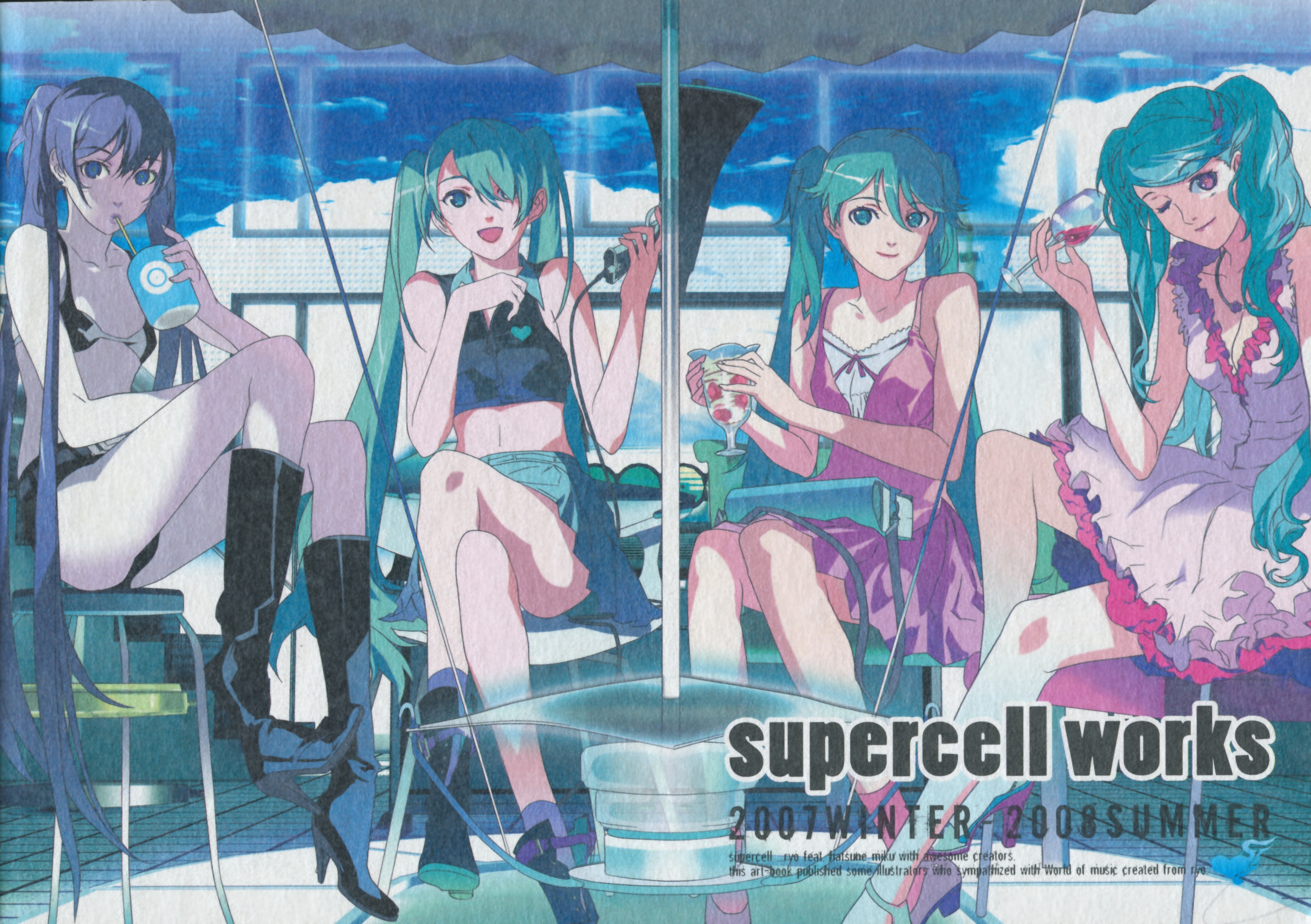 119, 1ten, black rock shooter (character), hatsune miku, black rock shooter, koi wa sensou (vocaloid), melt (vocaloid), vocaloid, world is mine (vocaloid), highres, scan, 10s, 4girls, aqua eyes, aqua hair, beach, belt, bikini, bikini top only, black hair, black thighhighs, blue eyes, blue hair, boots, creator connection, crossed legs, dress, drink, frills, green eyes, green hair, hair ornament, hair over one eye, heart, high heels, jewelry, long hair, megaphone, midriff, miniskirt, multiple girls, necklace, necktie, one eye closed, open mouth, outdoors, pleated skirt, ponytail, shoes, short shorts, shorts, sitting, skirt, smile, songover, swimsuit, tattoo, thighhighs, twintails, umbrella, very long hair, wink