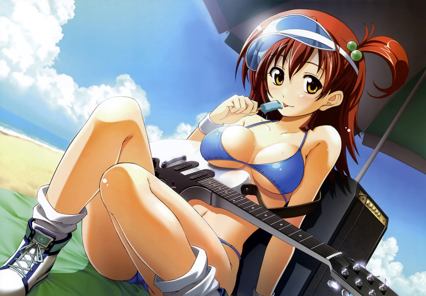 fujimaru (bluebrand), yoshimoto yui, dengeki hime, kira kira, original, visor, 1girl, :p, amplifier, beach, bikini, blanket, blue bikini, blush, breasts, cleavage, cloud, day, female focus, food, guitar, instrument, large breasts, outdoors, popsicle, red hair, shoes, side ponytail, sitting, sky, sneakers, socks, solo, swimsuit, tongue, tongue out, umbrella, underboob, visor cap, water, yellow eyes
