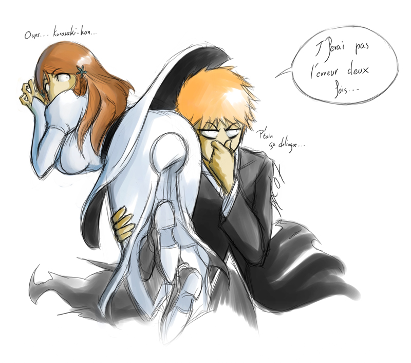 inoue orihime, kurosaki ichigo, bleach, 00s, 1boy, ass, brown hair, carrying, dress, fart, french text, long hair, looking back, orange hair, short hair, smelling, smelling ass